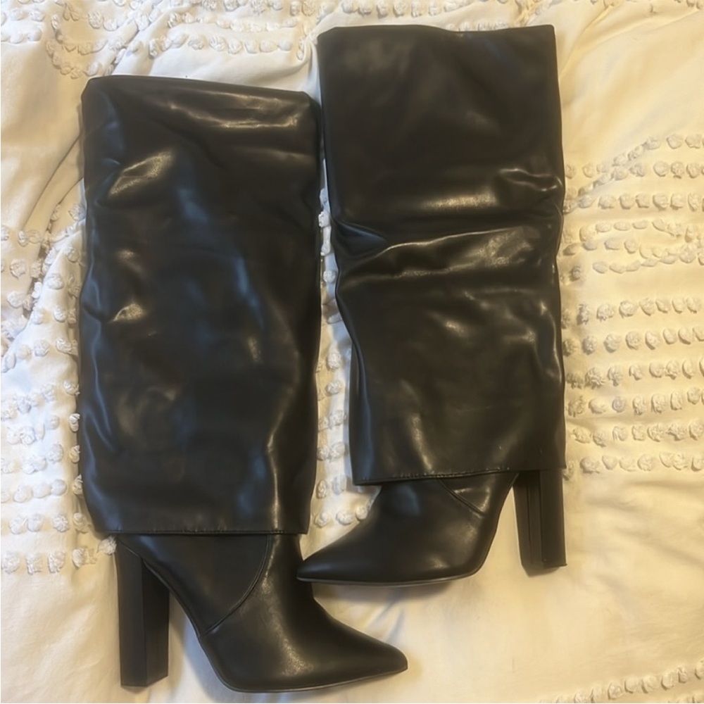 BOOHOO LEATHER FOLD OVER BOOTS 7 WIDE CALF NEW SHARK